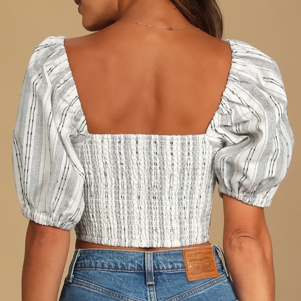Lulus Black Striped Knot-Front Puff Sleeve Crop Top, Size Large, Black /… - Picture 5 of 10